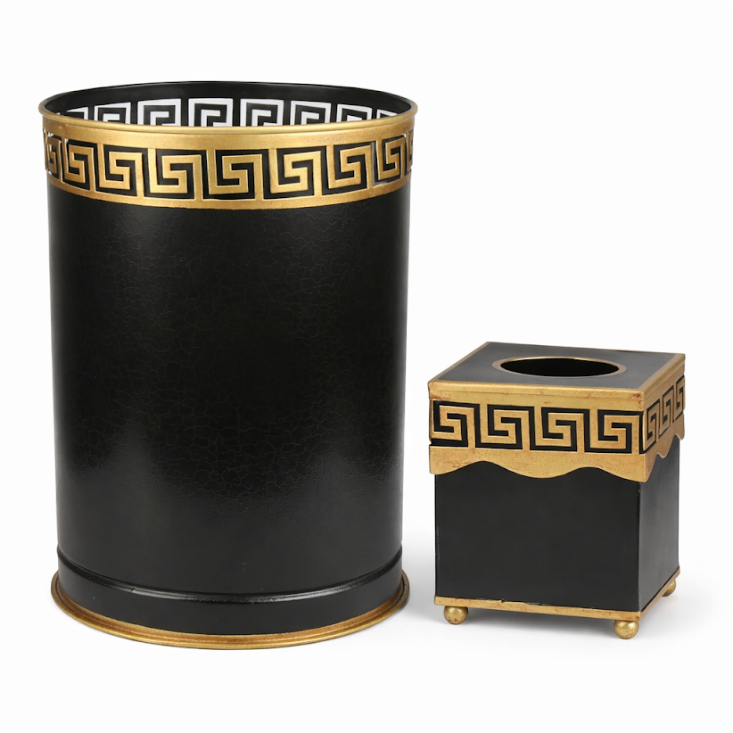 Black Greek Key Wastepaper Basket & Tissue Holder (2 Options)