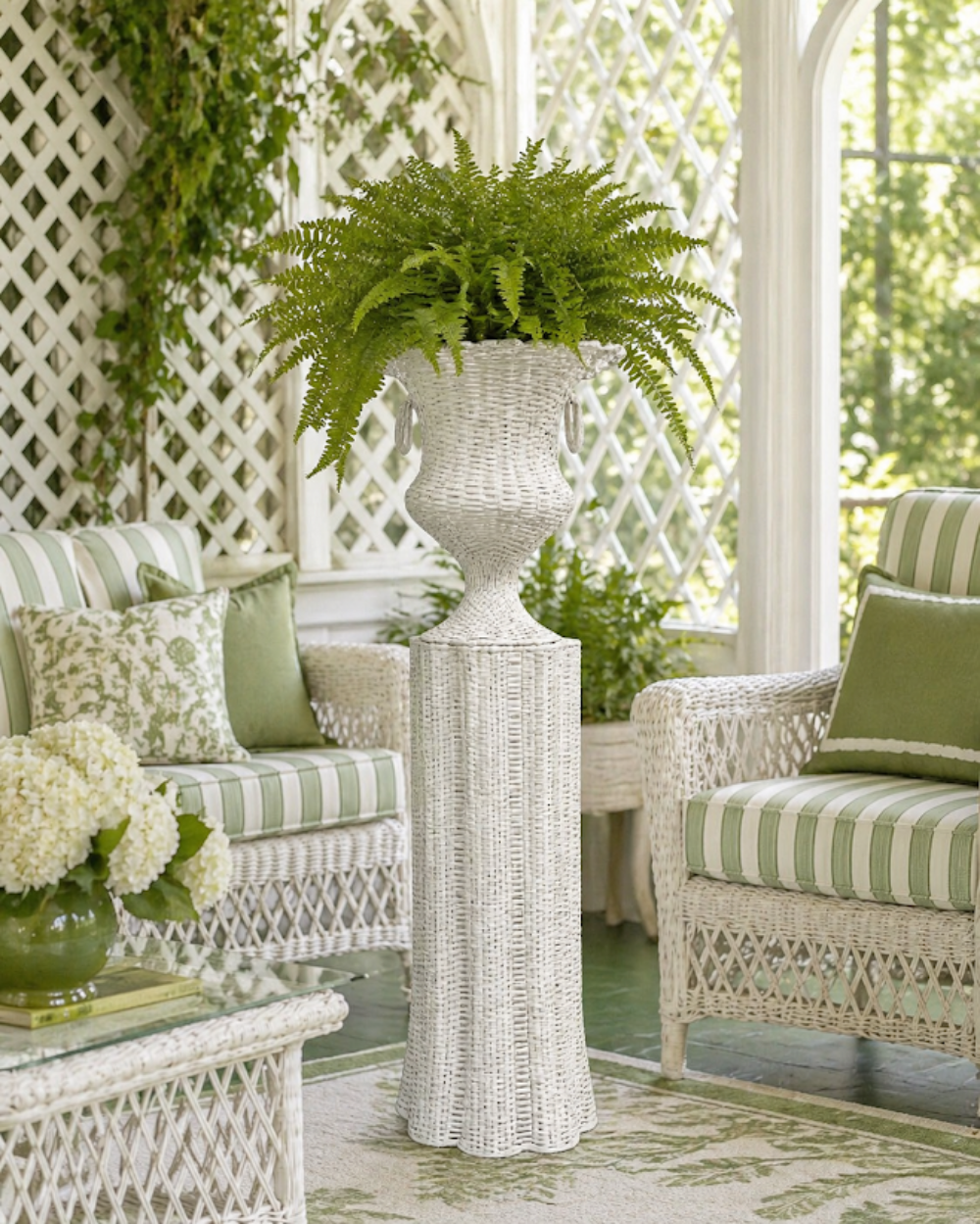 White Round Scalloped Wicker Urn and Pedestal (2 Options)