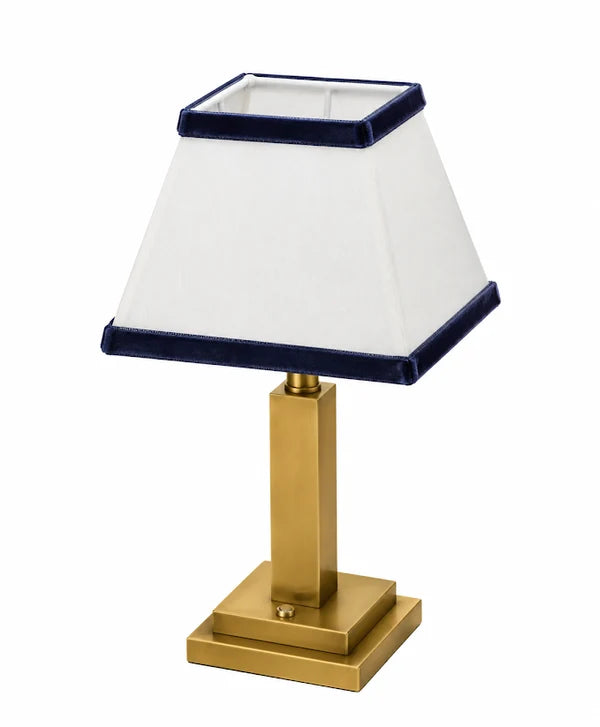 Gold Square Rechargeable Lamp with Navy Velvet Trim Shade *Pre-Order*