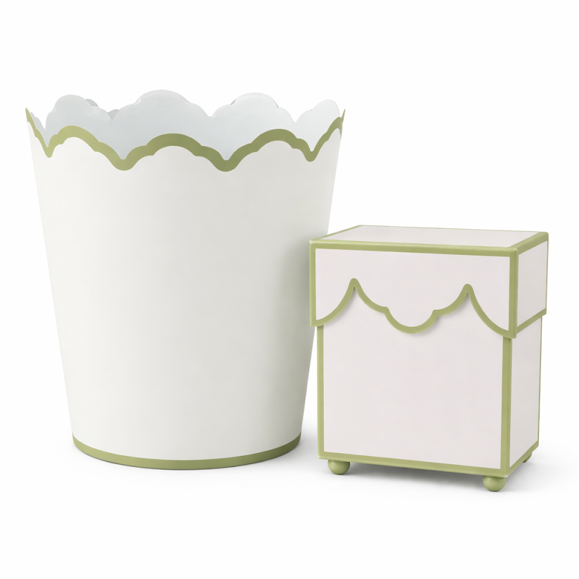 White & Olive Scalloped Wastepaper Basket & Tissue (2 Options)
