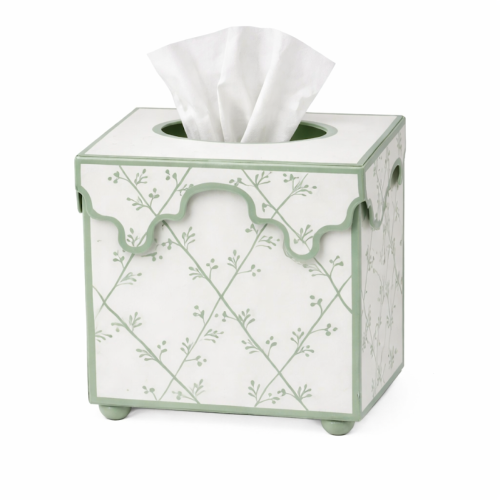 Soft Green Trellis Scalloped Floral Tissue Holder
