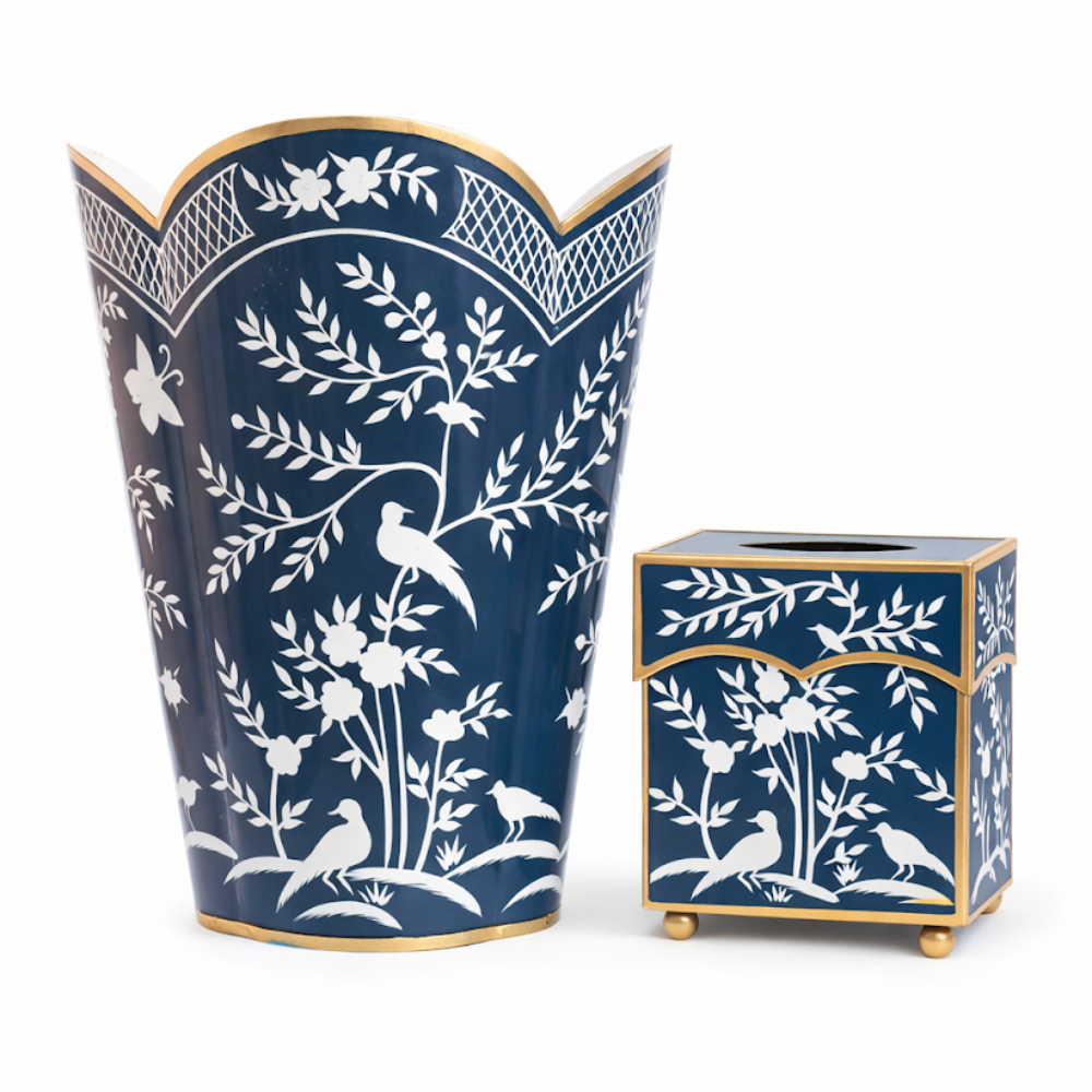 Navy & White Chinoiserie Wastepaper Basket & Tissue (2 Options)