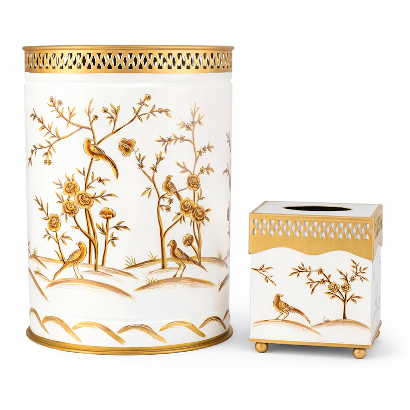 Ivory & Gold Oval Pierced Wastepaper Basket & Tissue (2 Options)