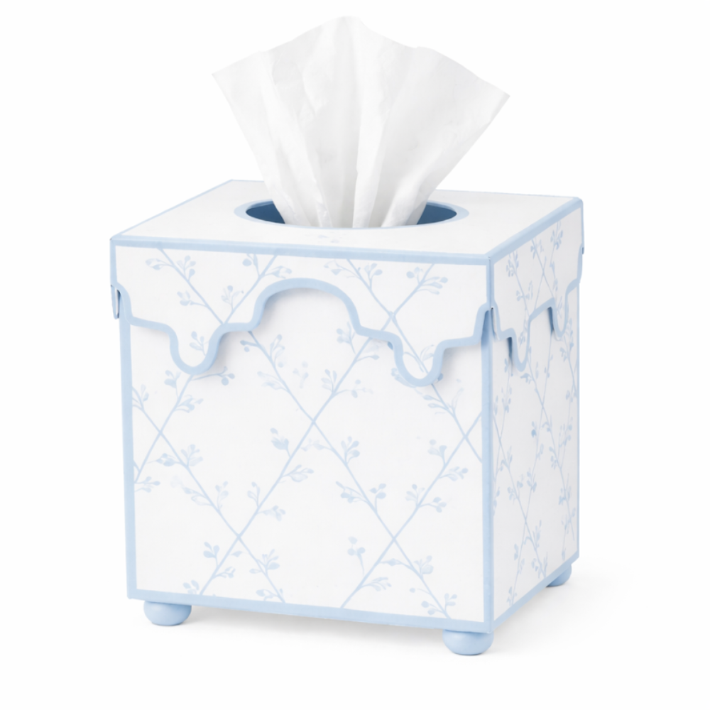 Soft Blue Trellis Scalloped Floral Tissue Holder