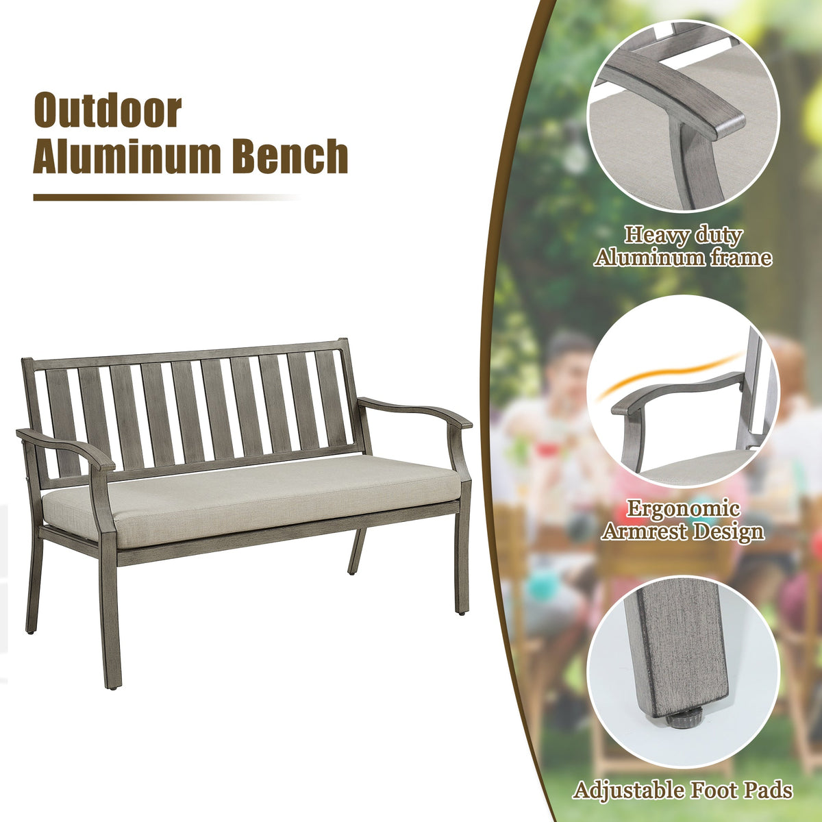 PEAKHOME Azur Patio Aluminum Bench with Sunbrella® Cushions