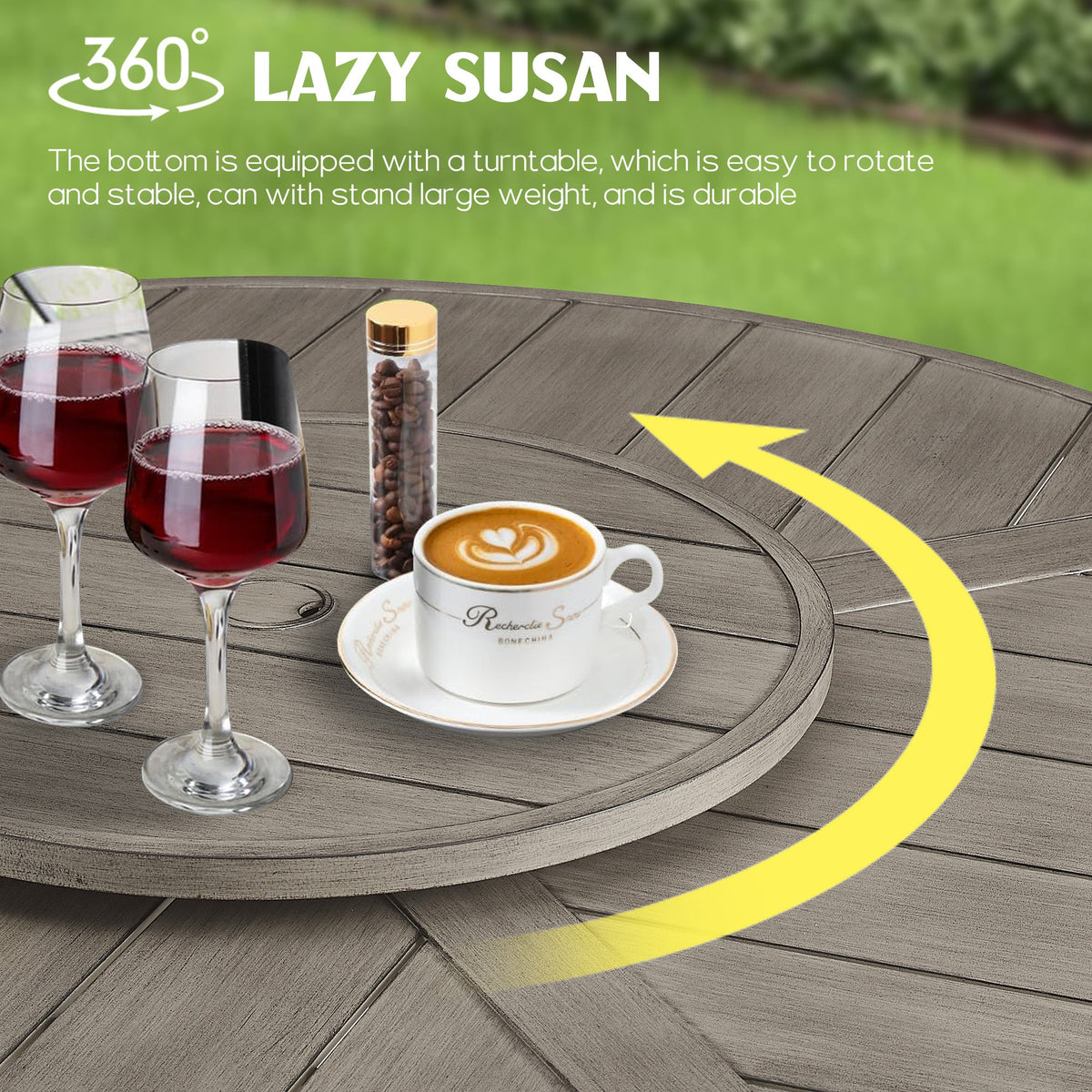PEAKHOME Azur Patio Aluminum Round 60" Dining Table With Removable Lazy Susan for 6 Person