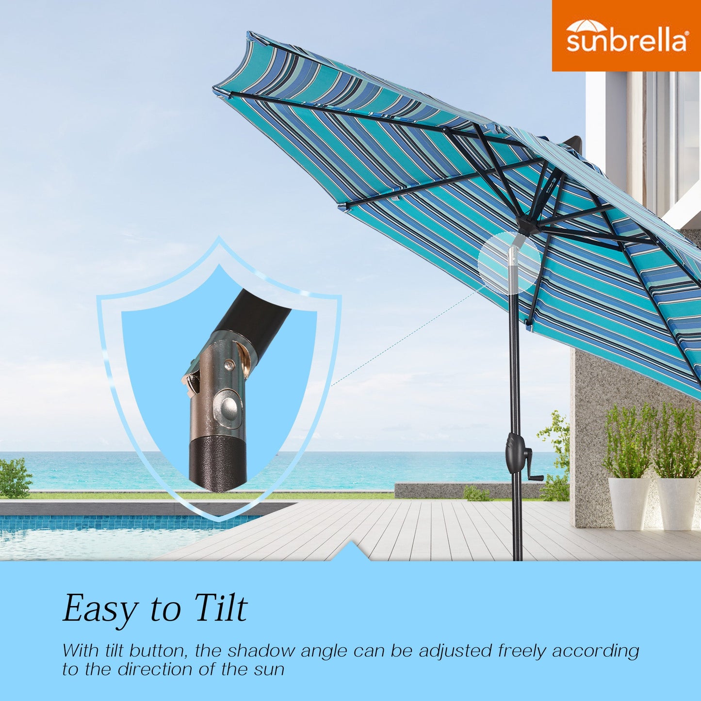 PATIO TREE Patio 9Ft Market Umbrella Stripe With Sunbrella®, Outdoor Table Umbrella for Patio,Porch (Dolce Oasis)