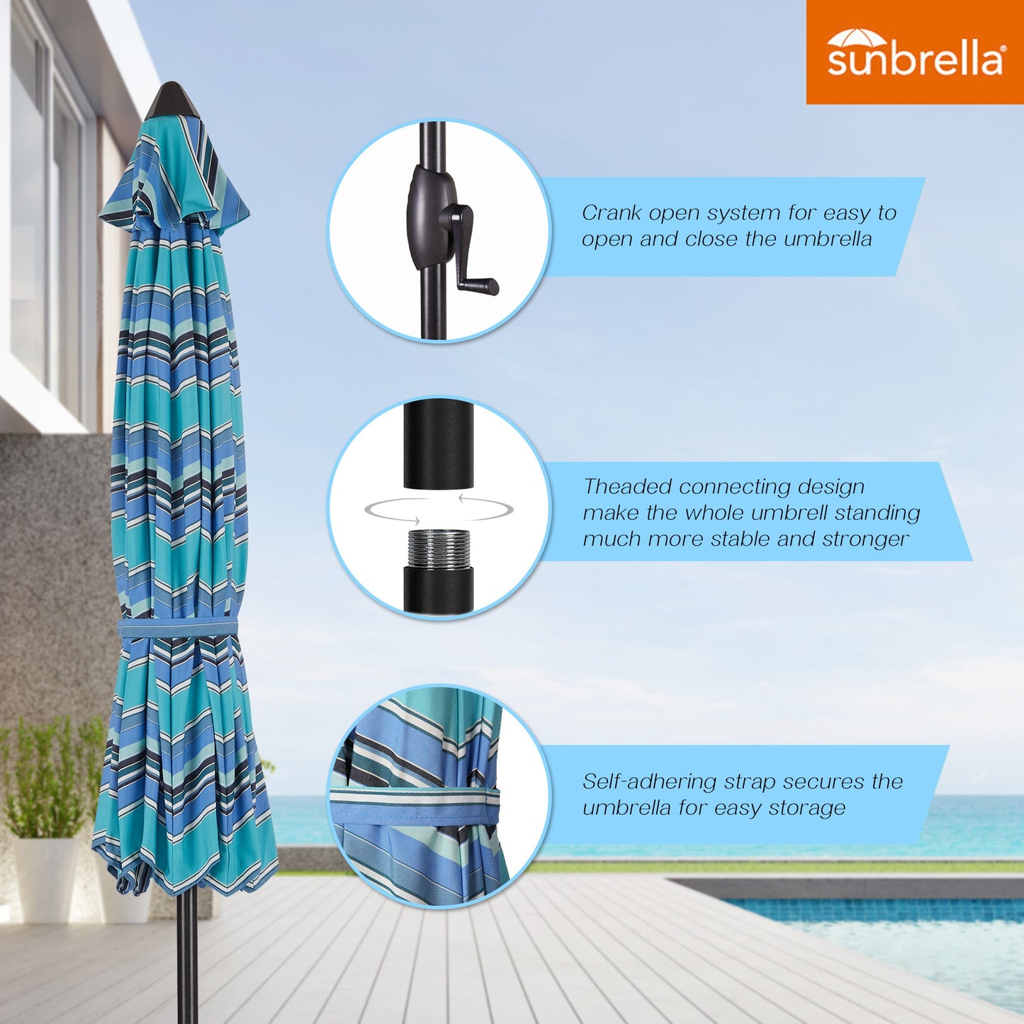 PATIO TREE Patio 9Ft Market Umbrella Stripe With Sunbrella®, Outdoor Table Umbrella for Patio,Porch (Dolce Oasis)