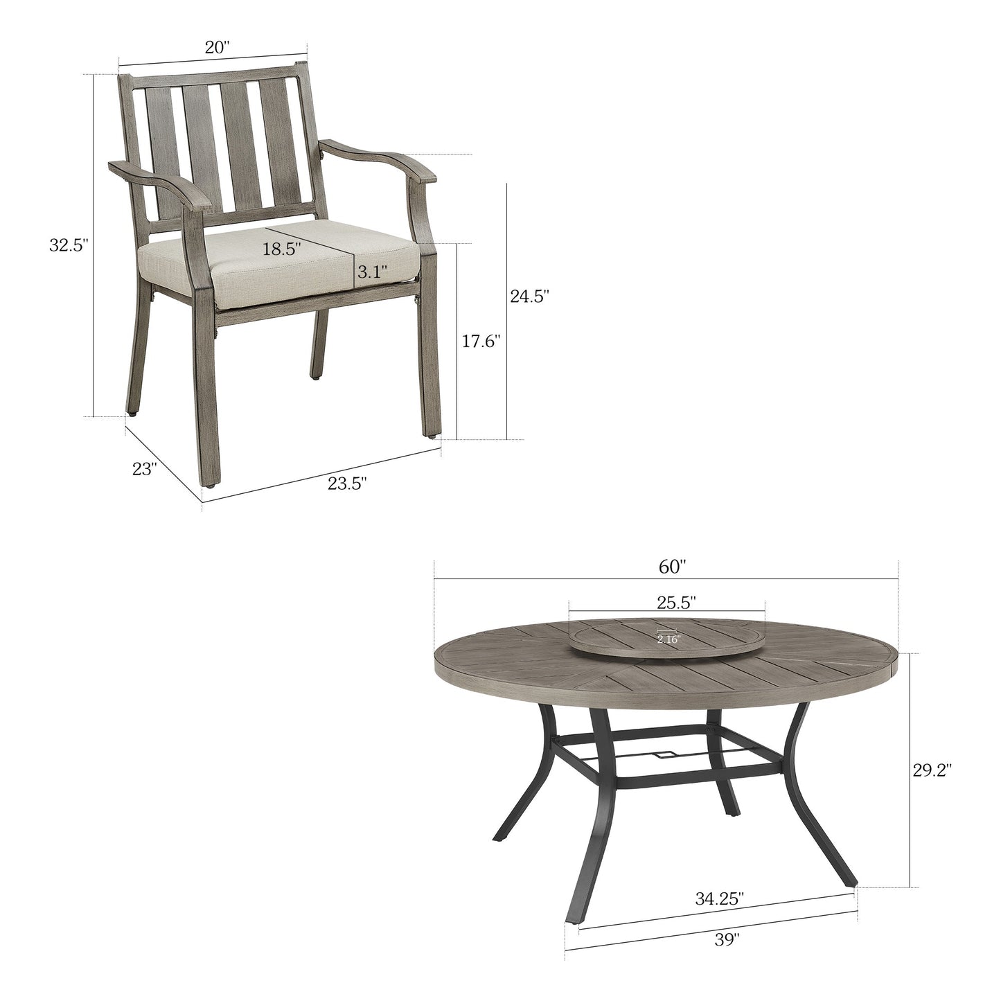 Azur Patio Round 60" Dining Set With Removable Lazy Susan And Sunbrella® Cushions