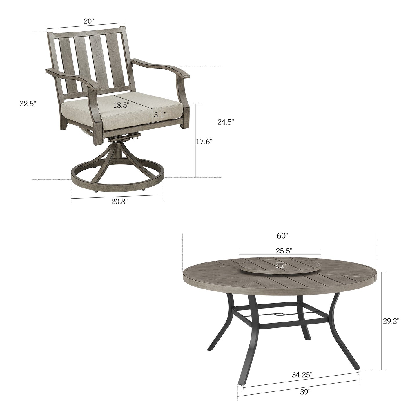 Azur Patio Round 60" Dining Set With Removable Lazy Susan And Sunbrella® Cushions