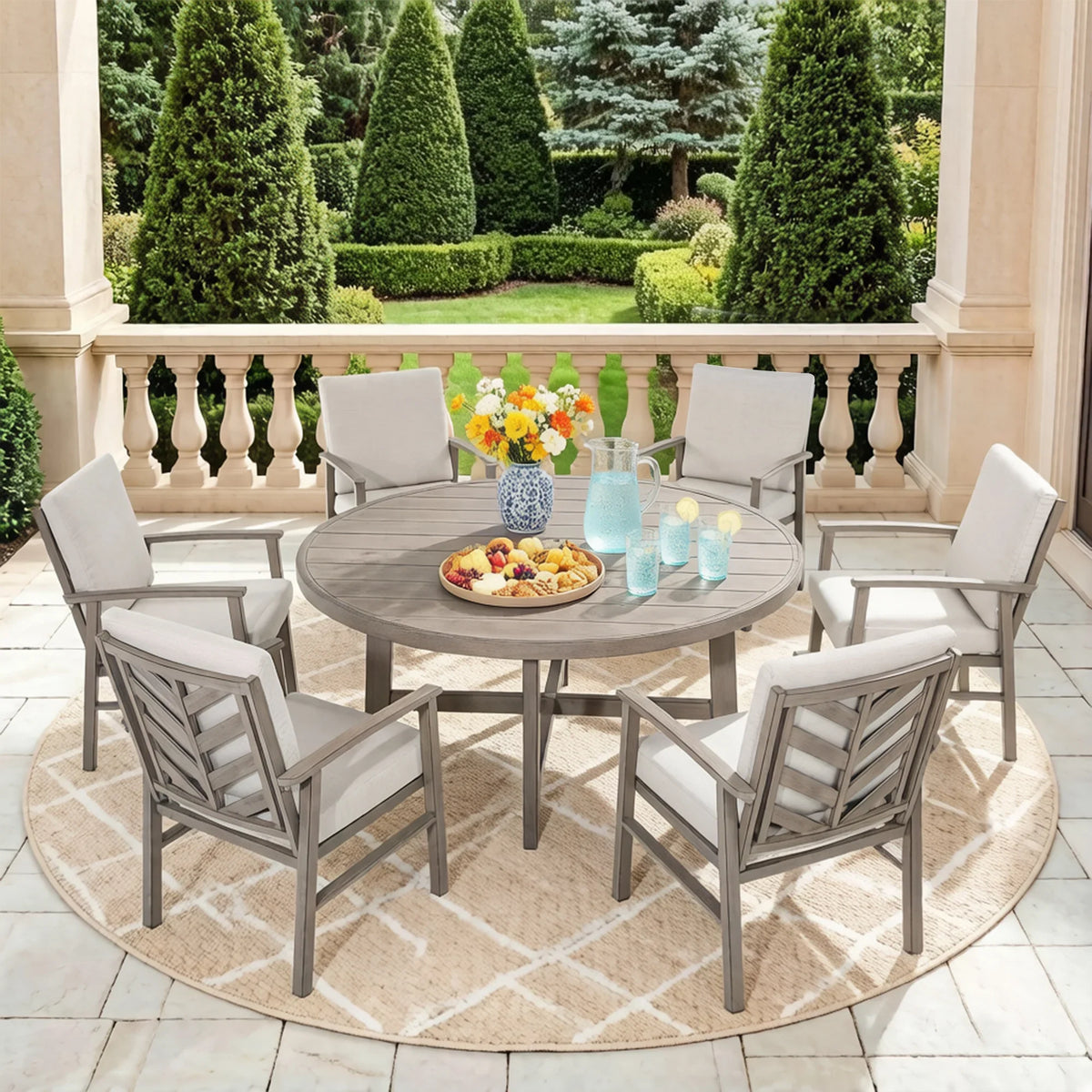 Amario 6 Person Aluminum Patio Round Dining Set With Sunbrella® Cushions