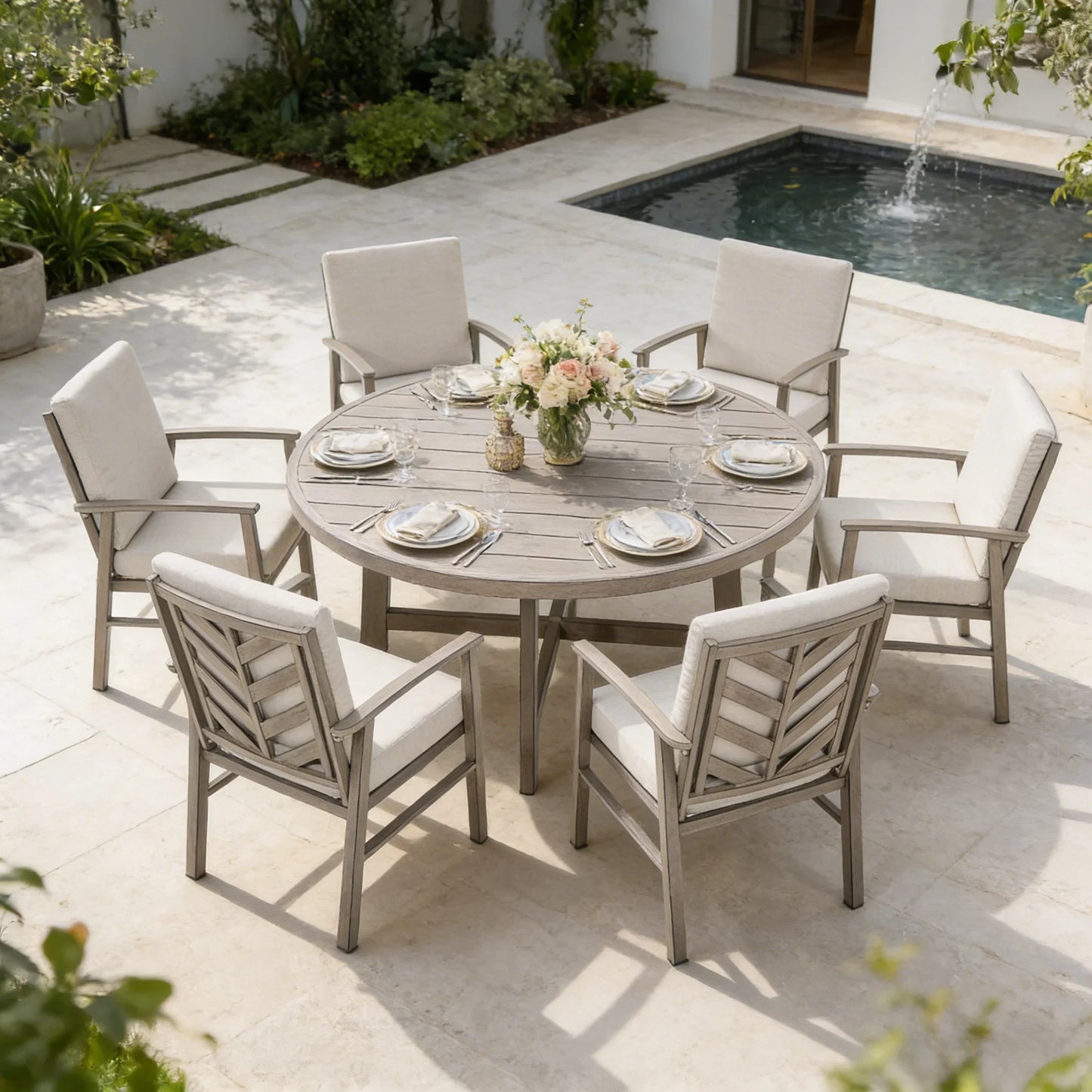 Amario 6 Person Aluminum Patio Round Dining Set With Sunbrella® Cushions