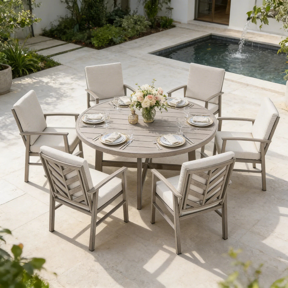 Amario 6 Person Aluminum Patio Round Dining Set With Sunbrella® Cushions