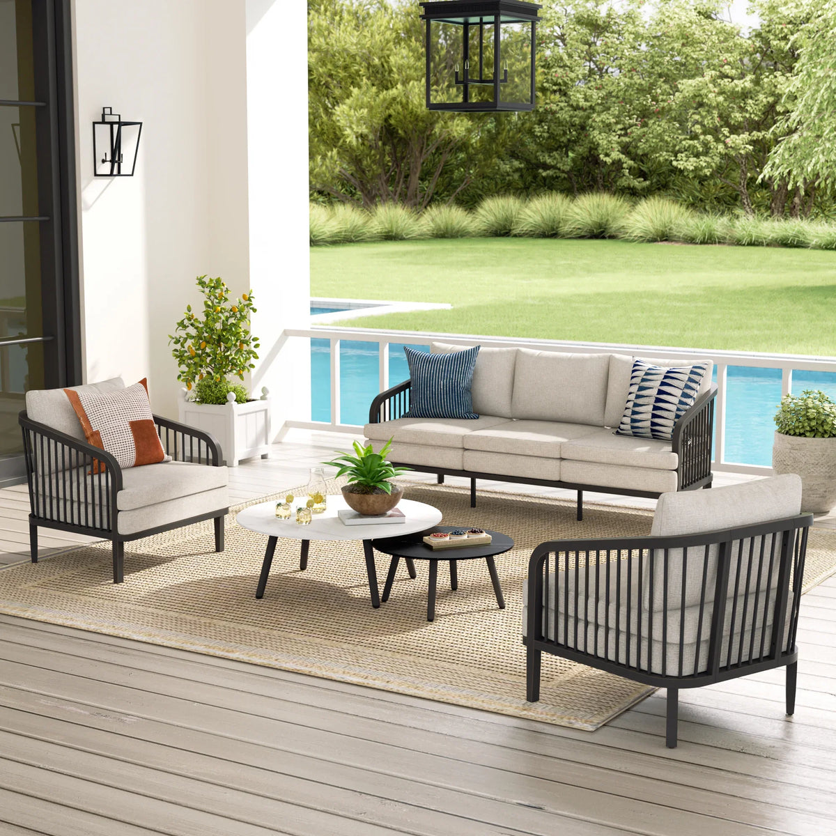 Asheville 5-Piece Aluminum Patio Deep Sofa Set With Nesting Sintered Stone Tables
