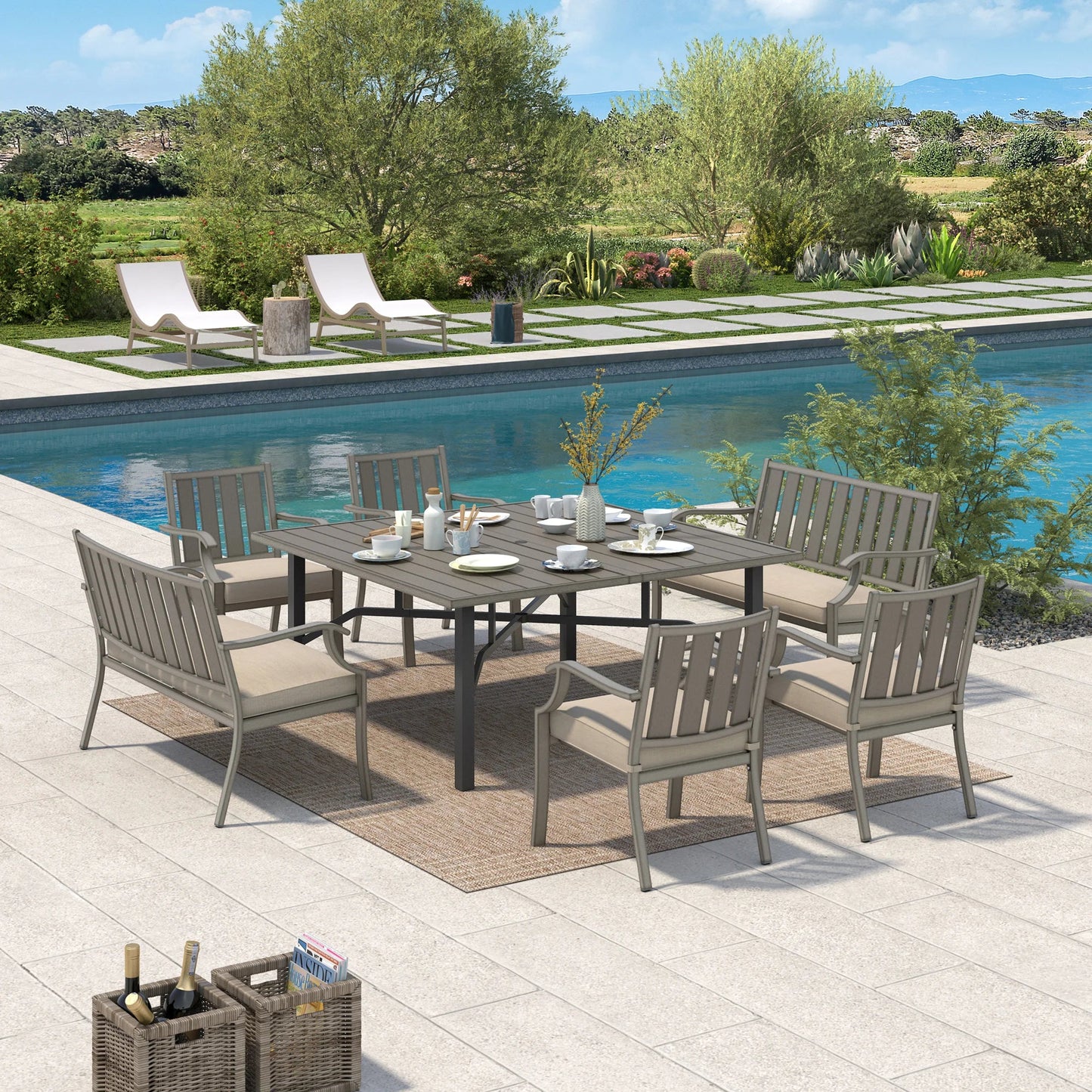 PEAKHOME Azur Outdoor Square Dining Table Set For 8-Person With Sunbrella® Cushions