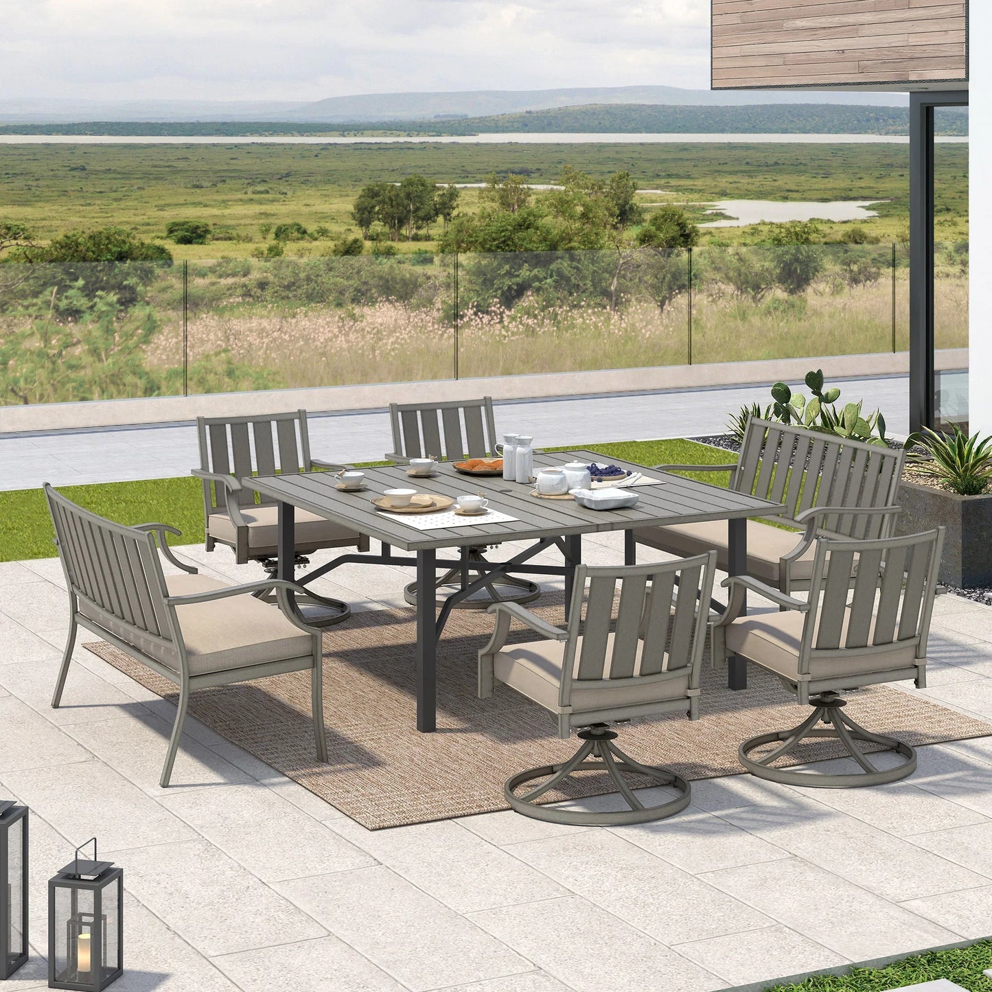 PEAKHOME Azur Outdoor Square Dining Table Set For 8-Person With Sunbrella® Cushions