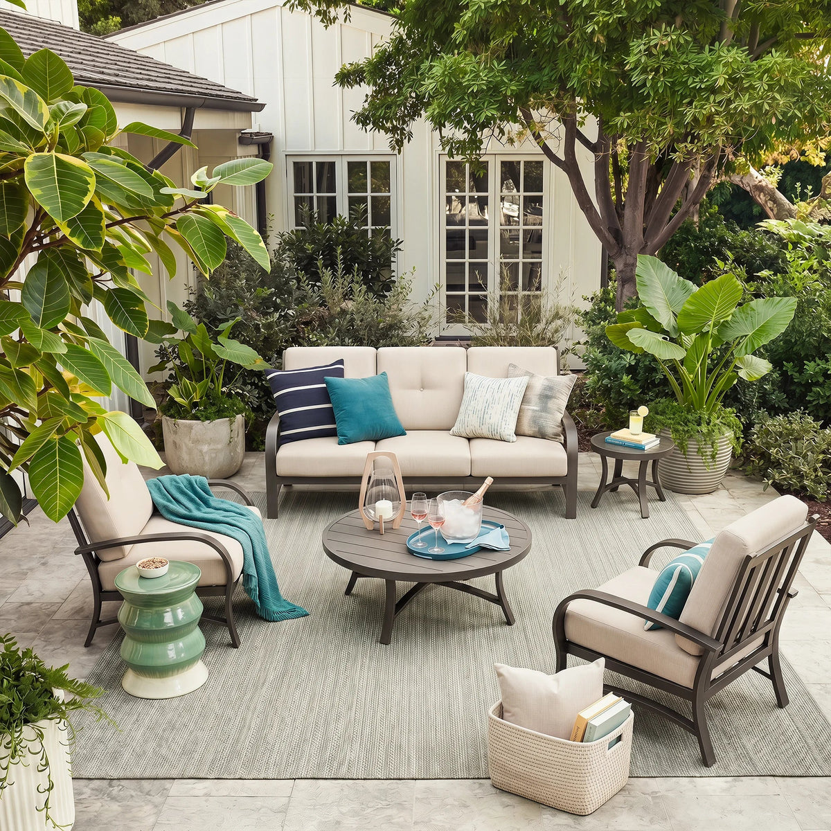 Chamber 5 Seat Patio Conversation Sofa Sets With Sunbrella® Cushions and Side Table