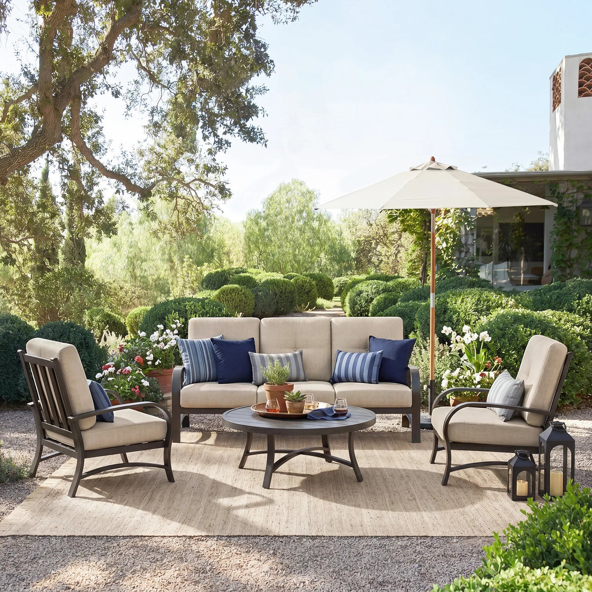 Chamber Aluminum Outdoor Sofa and 2 Chairs with Round Coffee Table