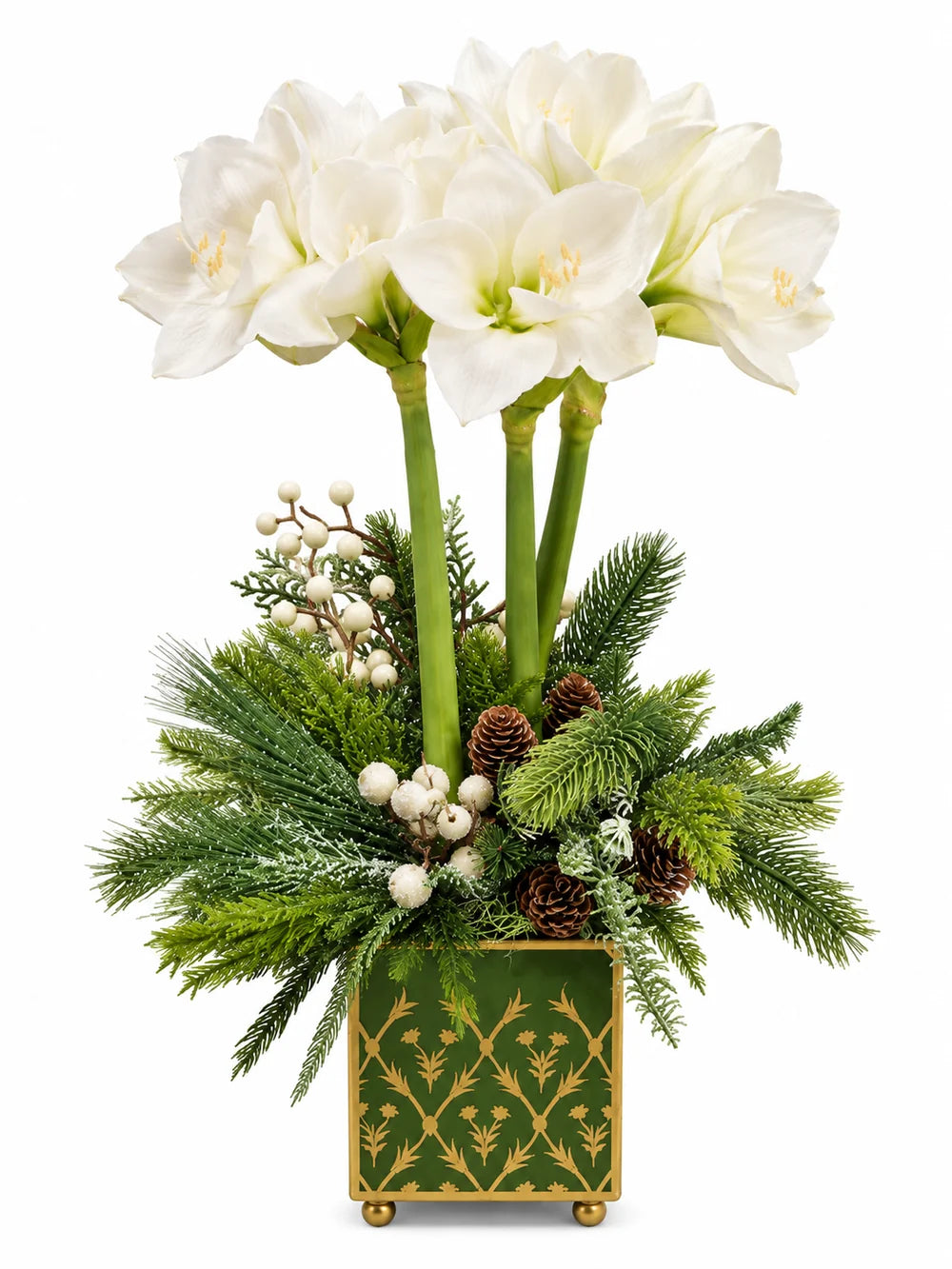 White Amaryllis & Winter Greens in Chinoiserie Planter