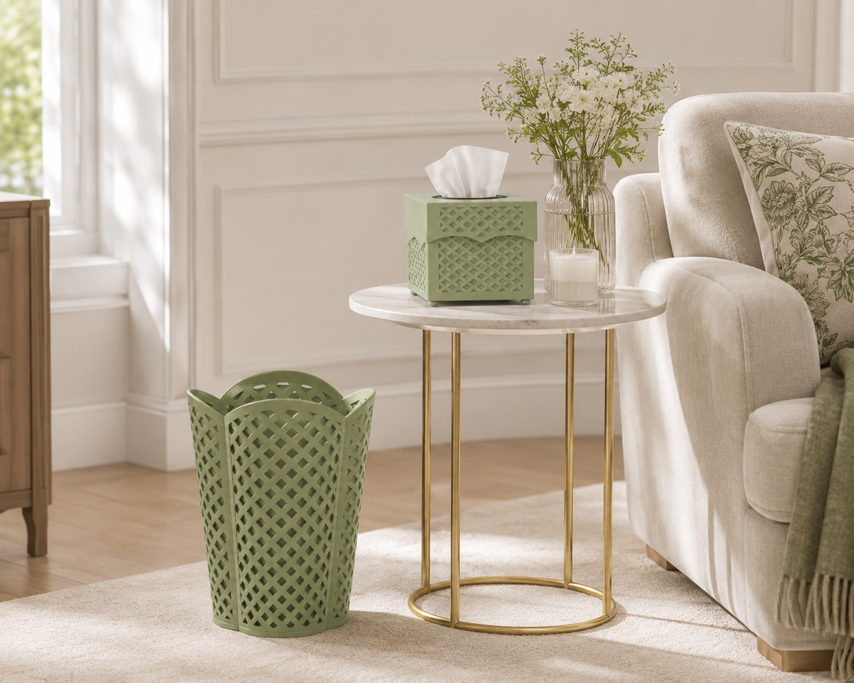Dark Celadon Lattice Wastepaper Basket & Tissue (2 Options)