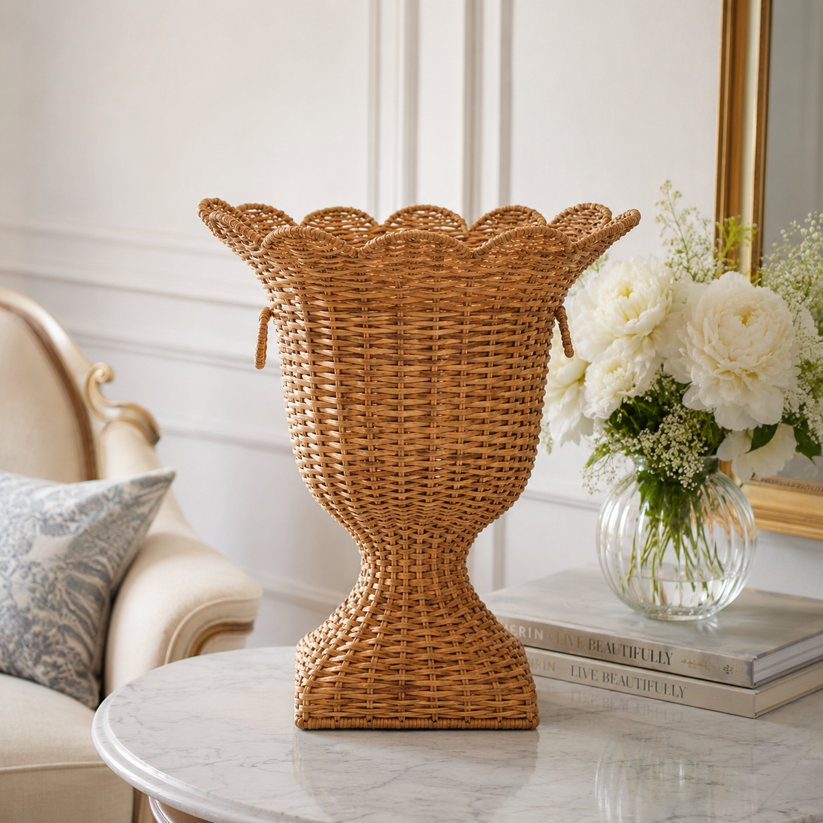 Square Scalloped Trim Wicker Urn and Pedestal (2 Options)