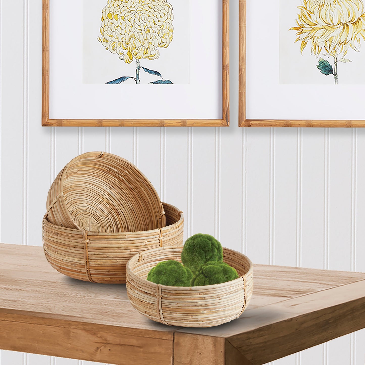 Cane Rattan Low Baskets, Set of 3