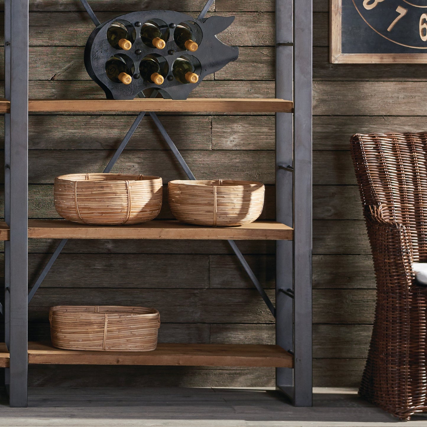 Cane Rattan Low Baskets, Set of 3