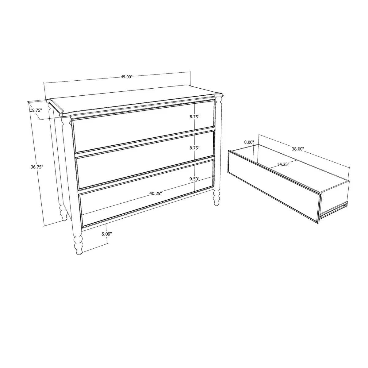 Ashford Large 3 Drawer Dresser, 45"W, Powder Blue