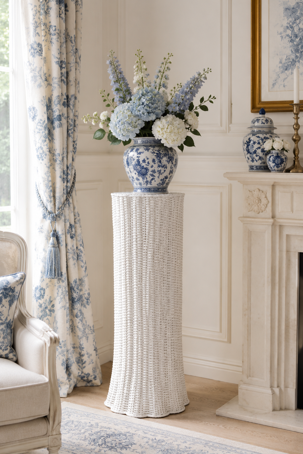 White Round Scalloped Wicker Urn and Pedestal (2 Options)