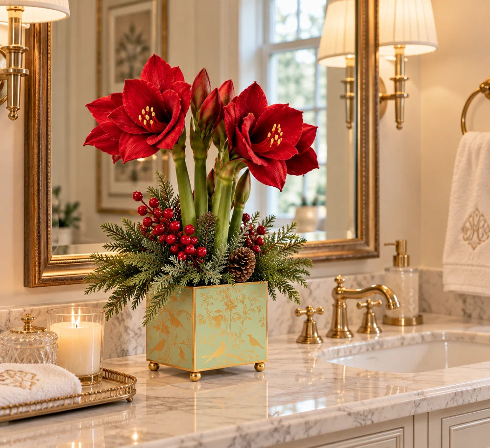 Red Amaryllis & Winter Greens in Chinoiserie Planter