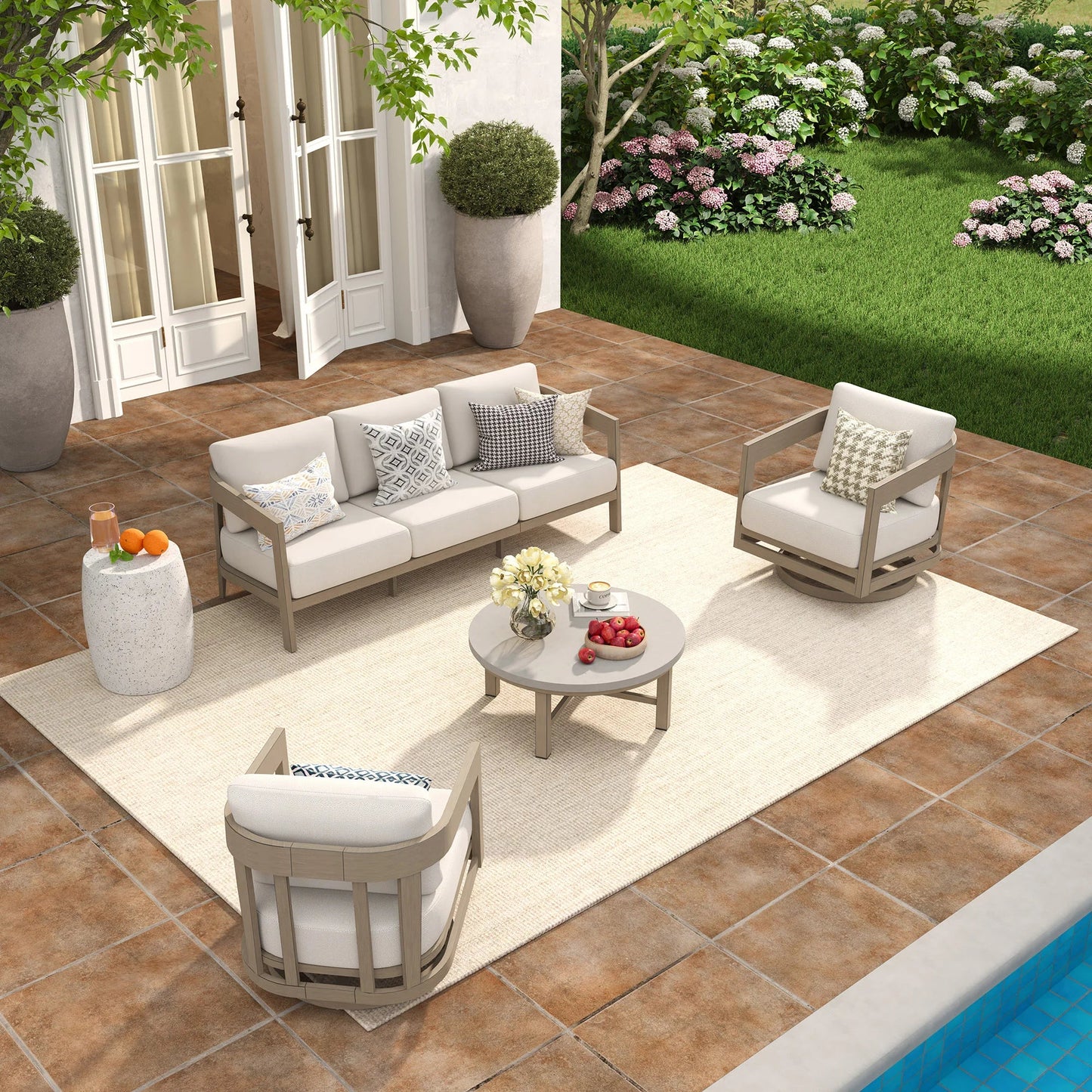 Harmonti 4 Pieces Modern Patio Swivel Furniture Set With Round Concrete Table