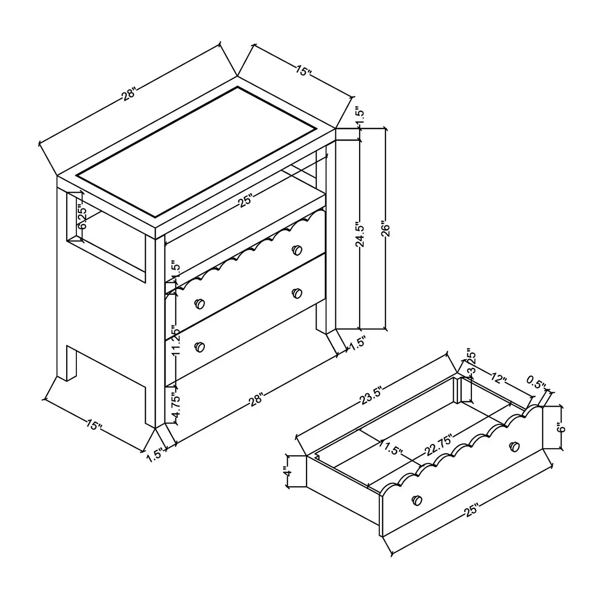 Maribelle Scallop Nightstand, 28"W, Off-White