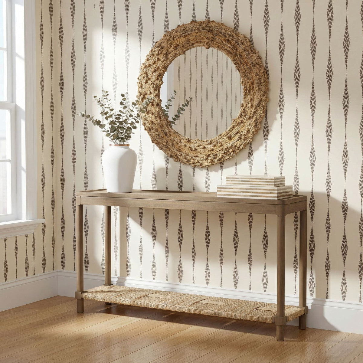 Asher Tray Top Console Table With Rush Shelf, 58"W, Chestnut Brown