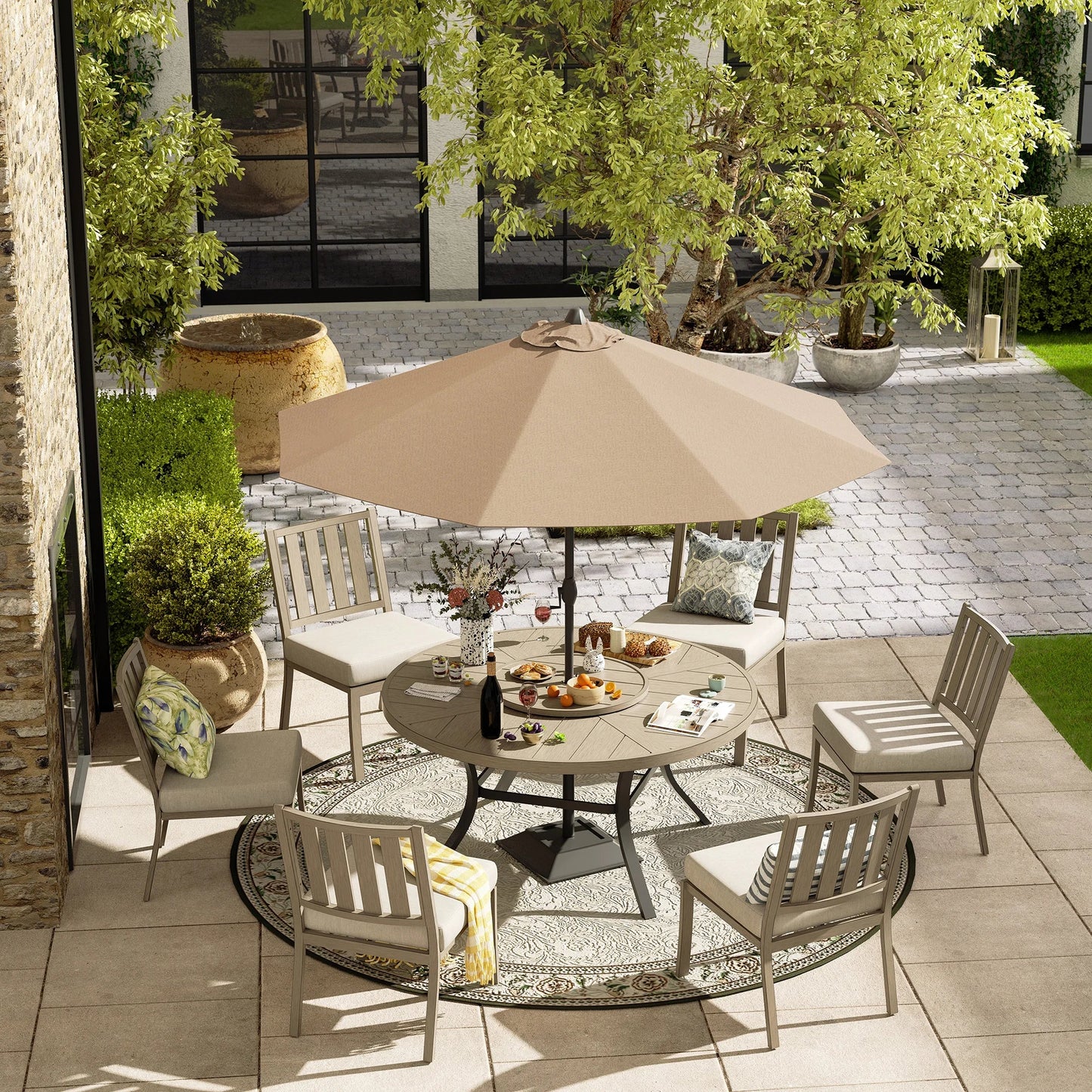PEAKHOME Azur Patio 8PCS Round Dining Set With Lazy Susan and Sunbrella Umbrella And Cushion