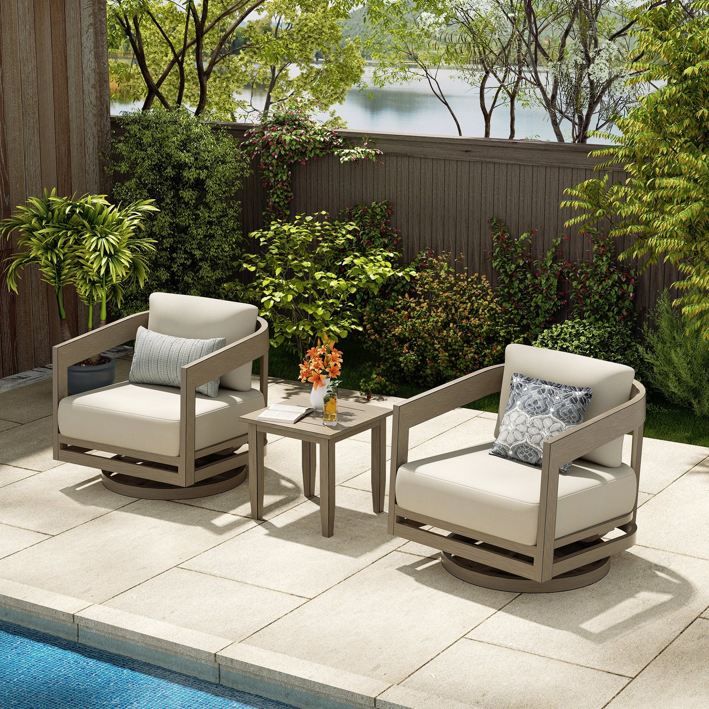 PEAKHOME Harmonti Patio 3-Piece Aluminum Swivel Conversation Set With Side Table