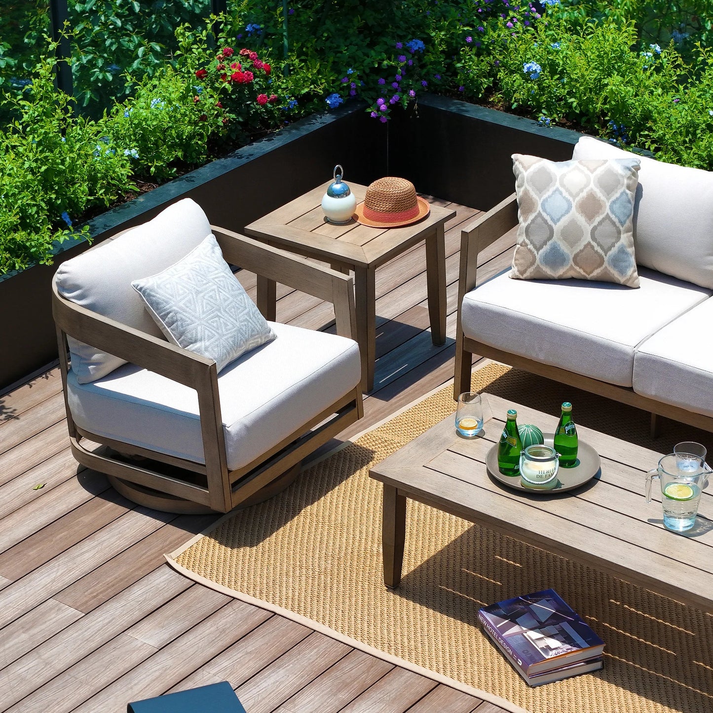 PEAKHOME Harmonti Patio 3-Piece Aluminum Swivel Conversation Set With Side Table