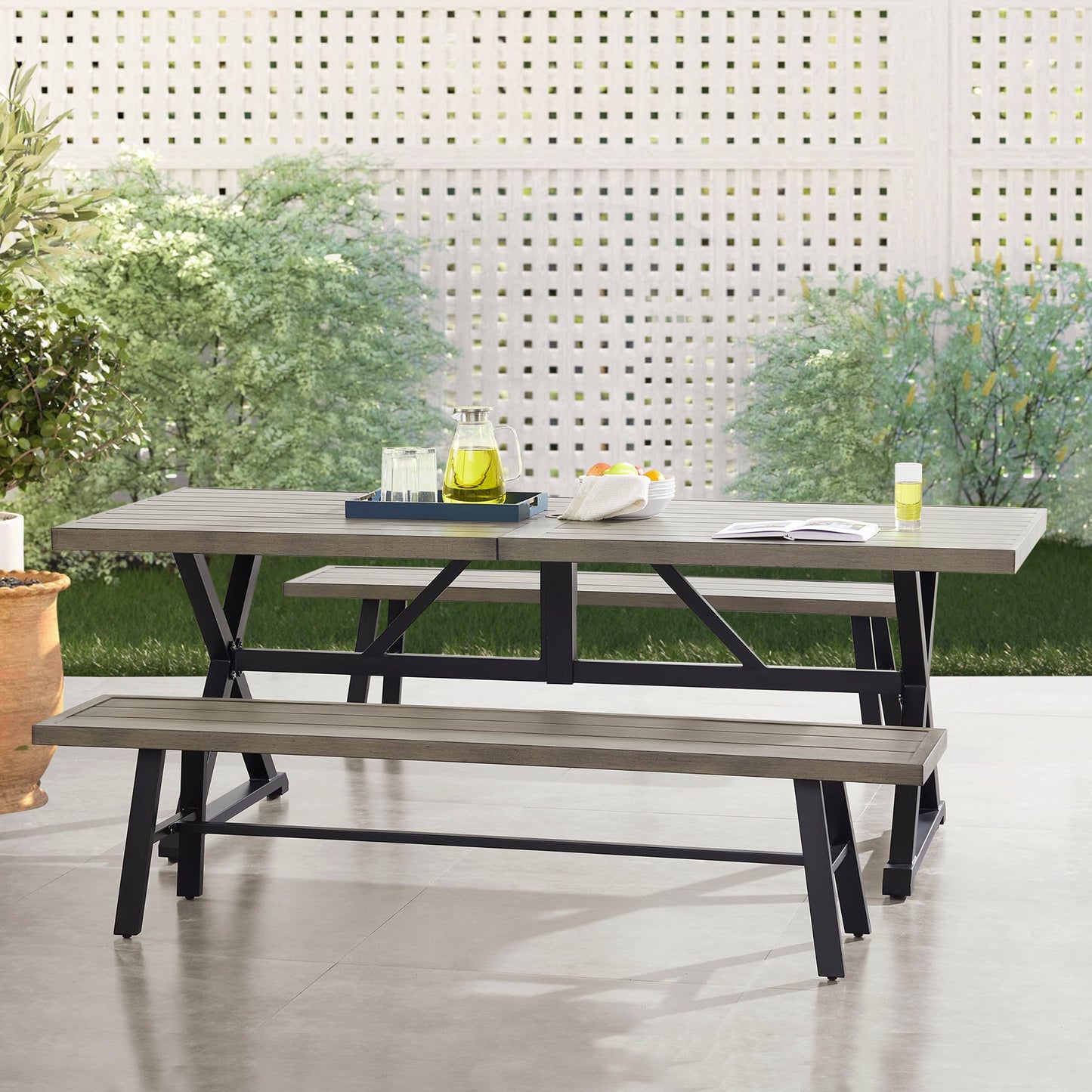 PEAKHOME Azur 3 Pieces Patio Dining Set Outdoor Aluminum Rectangular Dining Table and Steel Outdoor Bench