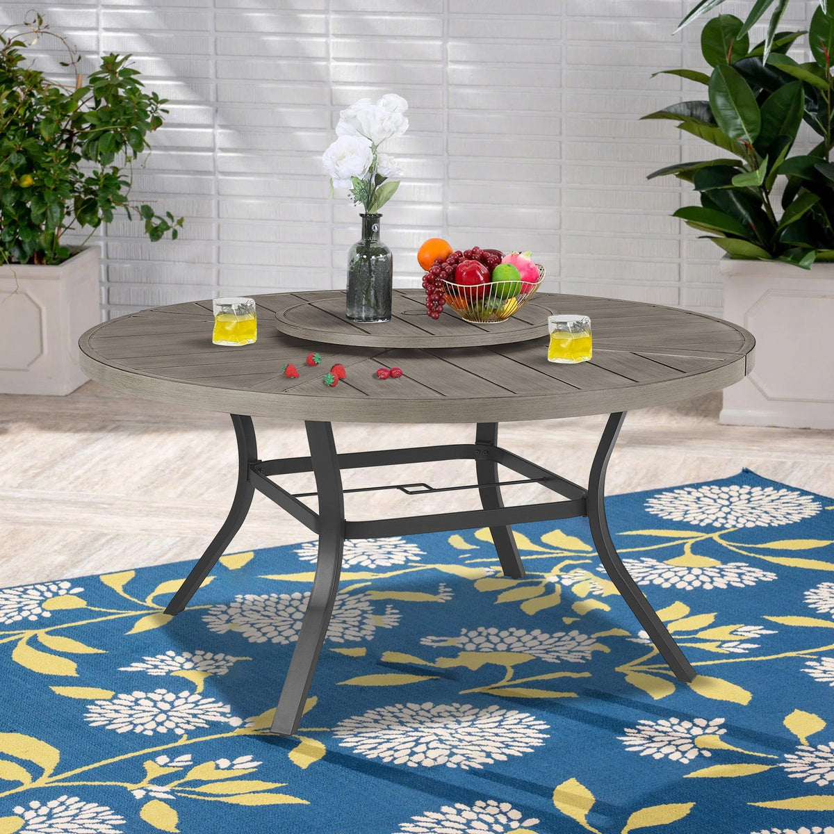 PEAKHOME Azur Patio Aluminum Round 60" Dining Table With Removable Lazy Susan for 6 Person