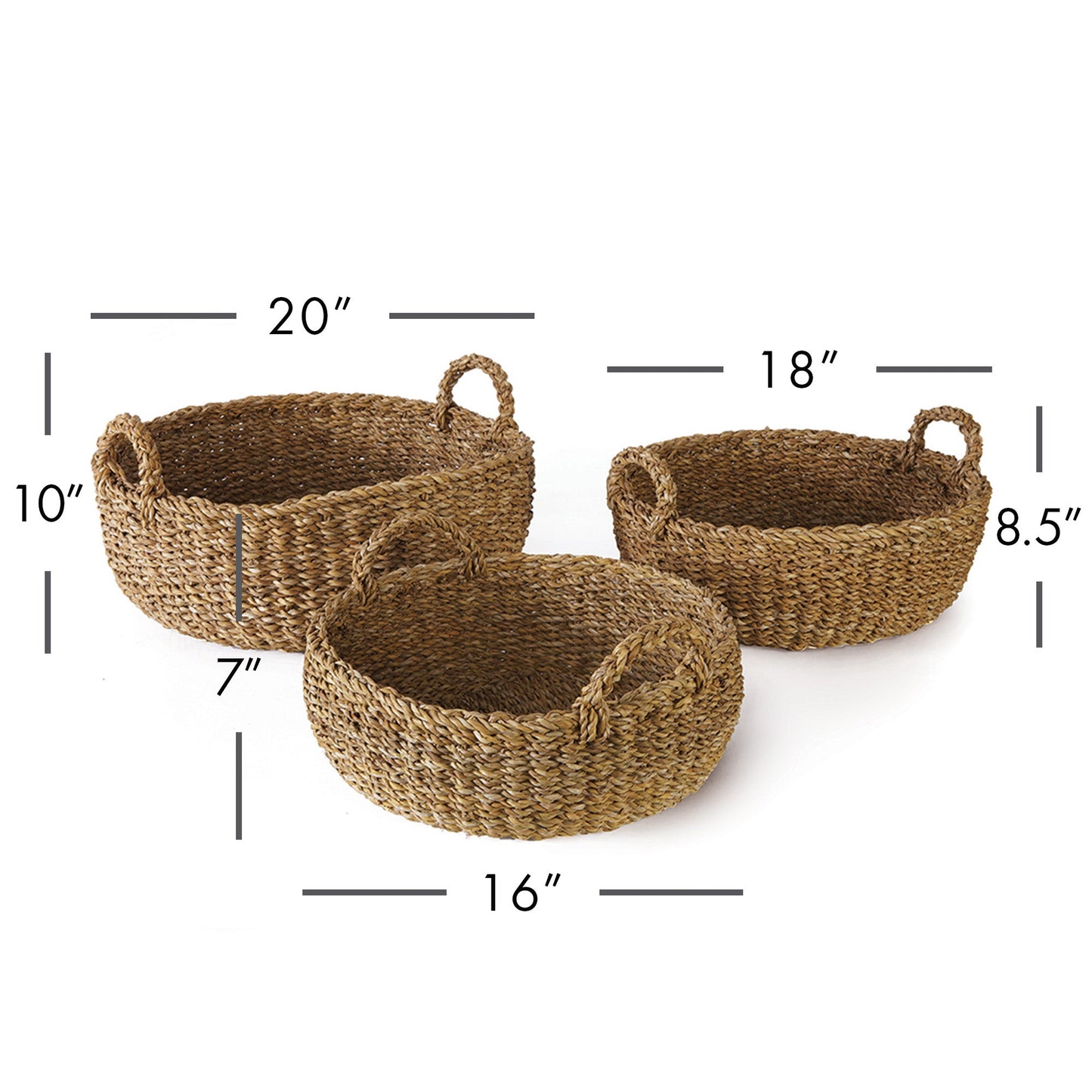 Seagrass Shallow Baskets with Handles, Set of 3