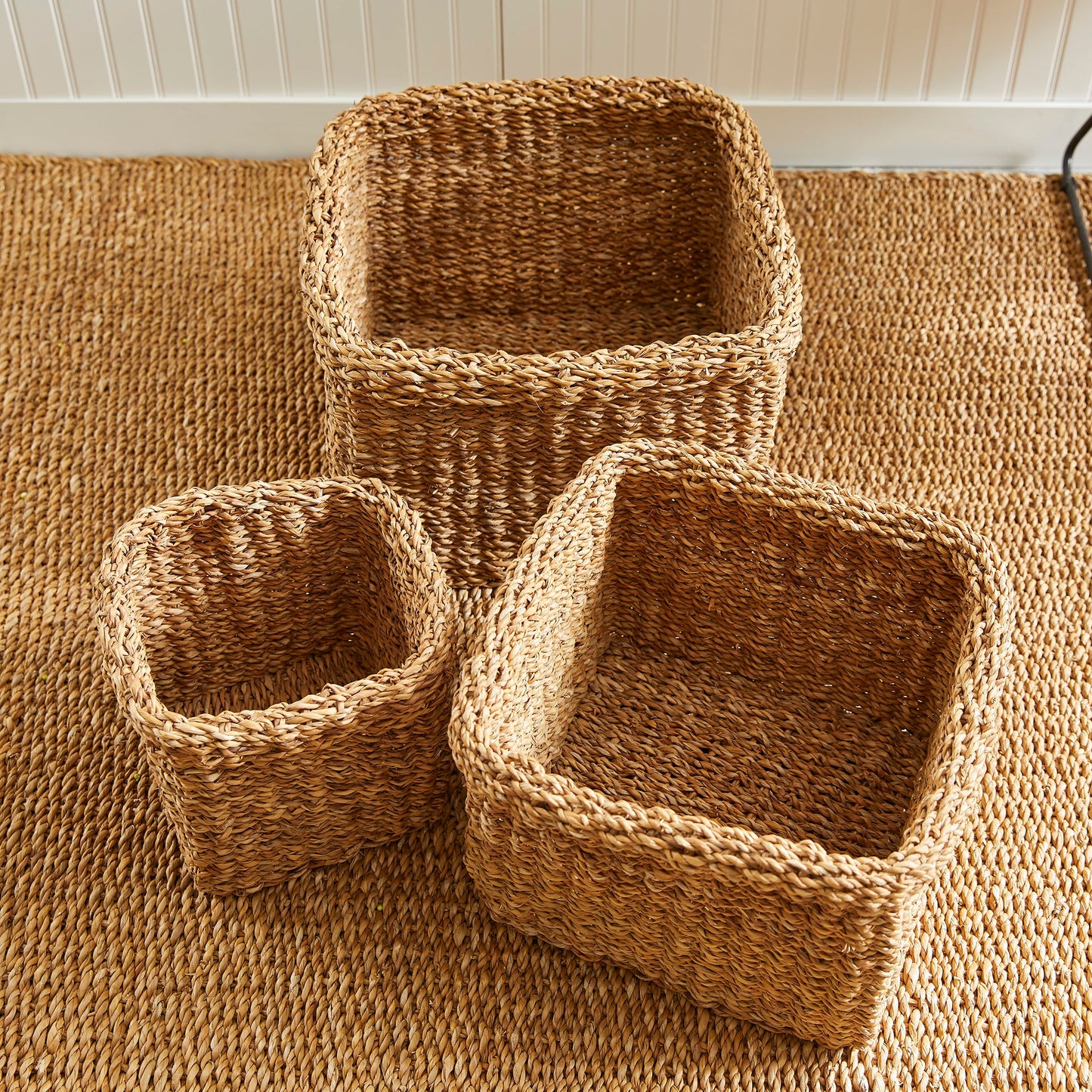 Seagrass Square Baskets with Cuffs, Set of 3