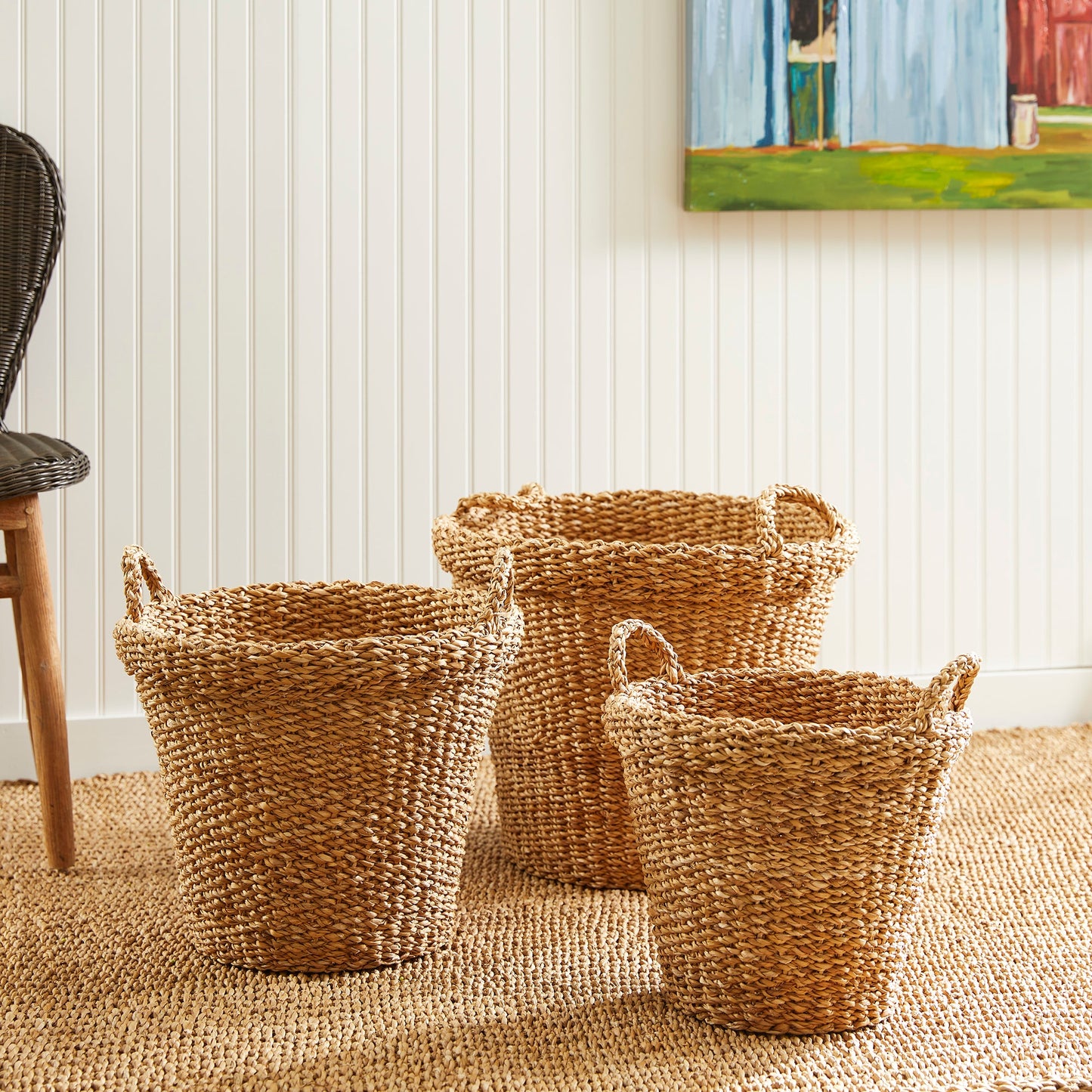 Seagrass Tapered Baskets with Handles, Set of 3
