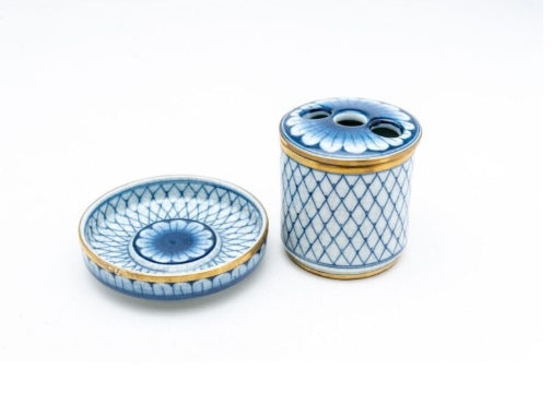 Blue and White Diamond Tooth Brush Holder and Soap Dish
