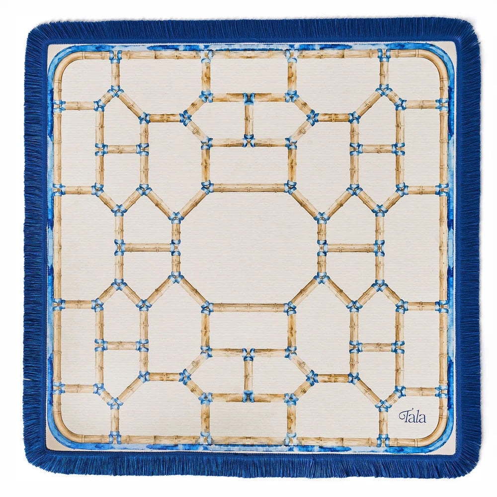 The Pavilion Mahjong Mat - Bamboo Neutral with Blue Fringe