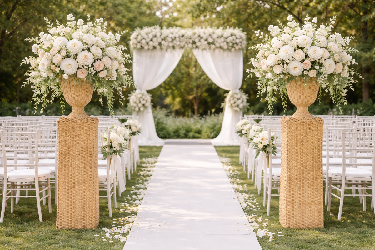 Square Scalloped Trim Wicker Urn and Pedestal (2 Options)