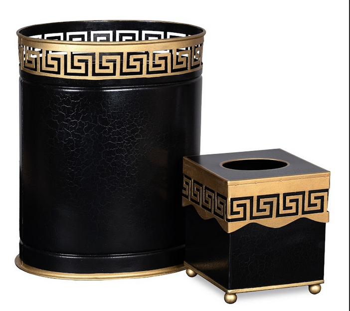 Black Greek Key Wastepaper Basket & Tissue Holder (2 Options)