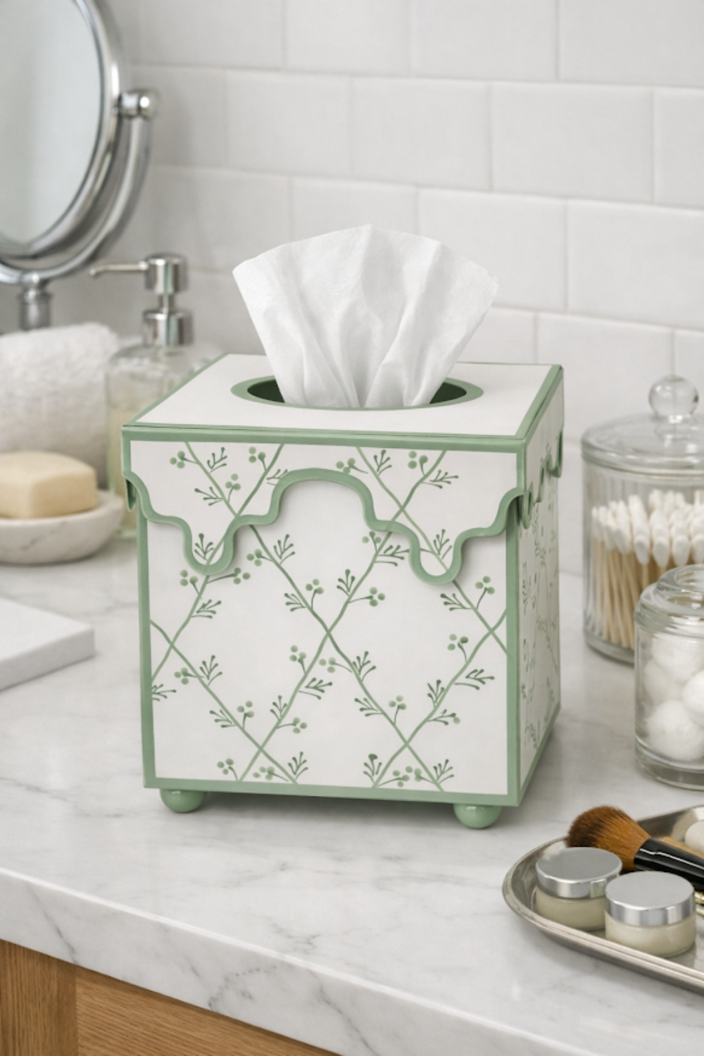 Soft Green Trellis Scalloped Floral Tissue Holder