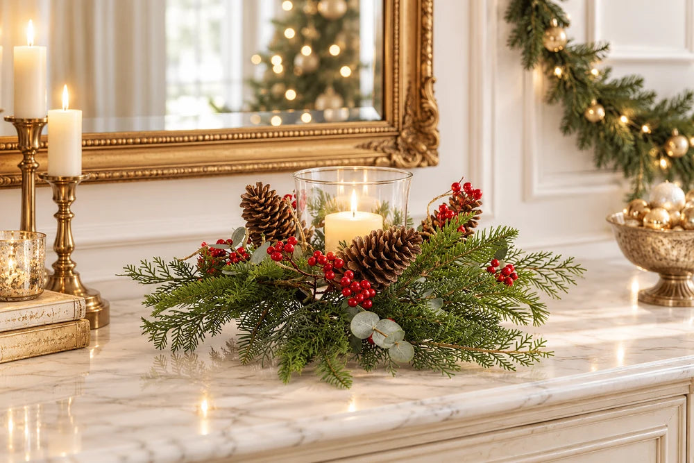 Berry & Pine Centerpiece With Glass Candleholder