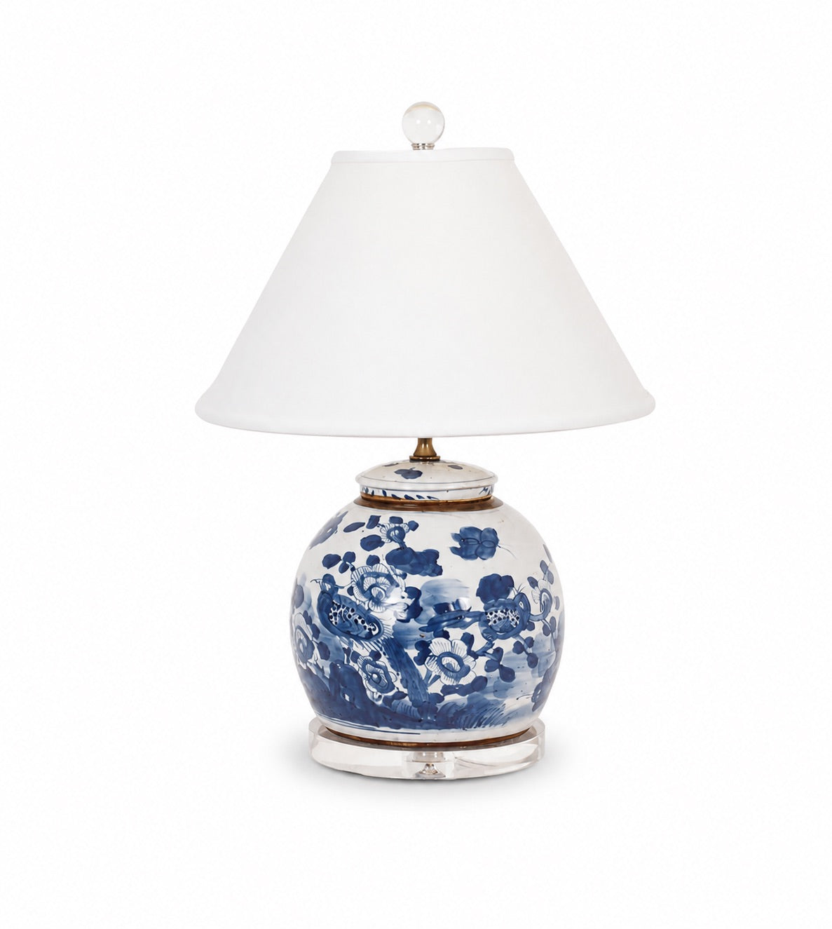 22″ Foot-stomped Blue and White Bird and Flower Jar Lamp on Acrylic Base