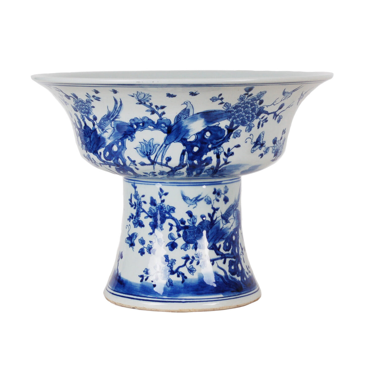 16″ Blue and White Pedestal Bowl