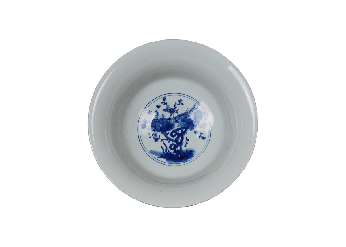16″ Blue and White Pedestal Bowl
